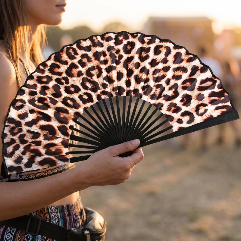 Kemay Large Foldable Clack Hand Fan Leopard Print Rave Fan