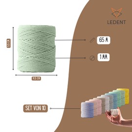 Ledent Macrame Yarn (1 mm, 10 x 65 m, Set of 10 Colours) Double Twisted - Rope Yarn for Macrame Made from 100% Recycled Cotton Yarn - Macrame Yarn Set of 10 Small Rolls with Pastel Colours