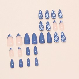 Almond Press on Nails Medium Fake Nails with White Flower Design Glue on Nails Dark Blue French Tip False Nails Solid Color Nails Press ons Cute Artificial Stick on Nails for Women Girls 24Pcs