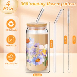Cunhill 4 Pcs Glass Floral Cup Drinking Glasses with Bamboo Lids and Glass Straw Aesthetic Glass Cup 16oz Iced Coffee Cups Flower Glass Tumbler Set Cute Flower Gifts for Coffee Lover