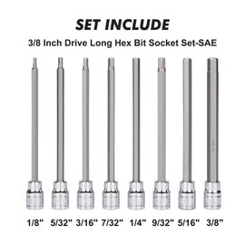 CASOMAN 18 Pieces 3/8 Inch Drive Long Hex Bit Socket Set,1/8 Inch to 3/8 Inch, 3mm to 10mm, SAE&Metric, Extra Long Allen Hex Bit Socket Set, CR-V and S2 Steel