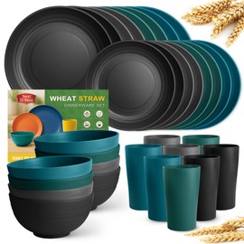 Teivio 32-Piece Kitchen Plastic Wheat Straw Dinnerware Set, Service for 8, Dinner Plates, Dessert Plate, Cereal Bowls, Cups, Unbreakable Colorful Plastic Outdoor Camping Dishes,Coastal
