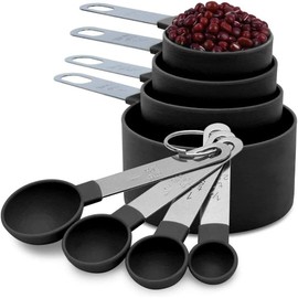 Tazas y Cucharas Medidoras Set 8 Pzs, Mangos de Acero Inoxidable con Marcas Metricas, Utensilios de Cocina para Reposteria, Vaso Medidor Liquidos y Secos, Negro BEE VIBES