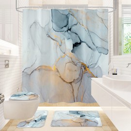 Gibelle 4 Pcs Bathroom Shower Curtain Set with Non-Slip Rugs, Toilet Lid Cover and Bath Mat, Grey Blue Marble Bathroom Decor Set with Shower Curtain and Rugs and Accessories