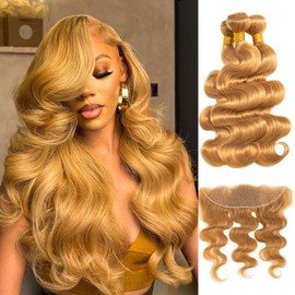 ALHER Honey Blonde Bundles with Frontal Human Hair Body Wave, 10A Color #27 Sun-kissed Vibe Golden Blonde Real human hair bundles with 13X4 HD lace frontal Closure Ear to Ear Melt Well 14 16 18+14 In