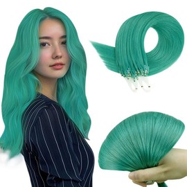 RUNATURE Micro Beads Hair Extensions Human Hair Teal Remy Micro Ring Human Hair Extensions Straight Teal Microlink Silky Hair Extensions Colored 14 Inch 25g/25strands