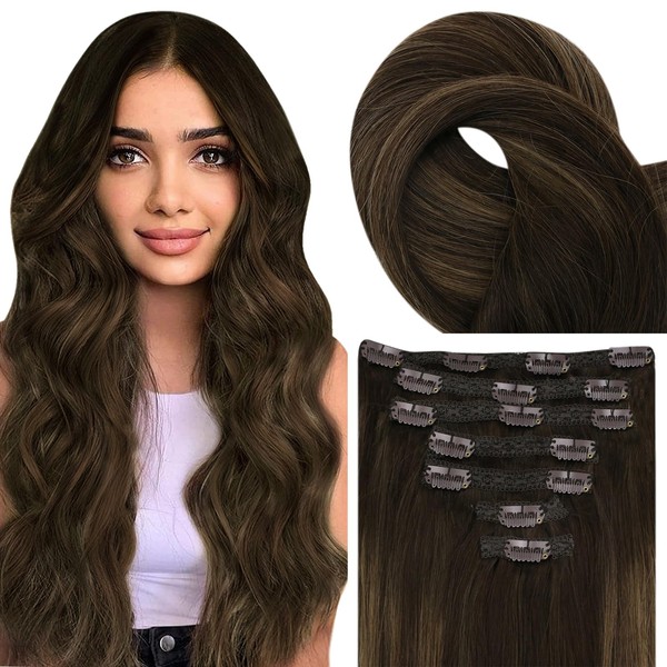 Fshine Real Hair Clip-In Extensions 60 cm 24 Inches 120 g 7 Pieces Balayage Dark Brown Mixed Chestnut Brown Clip-In Real Hair Extensions Real Hair Clip Remy Extensions #2/8/2