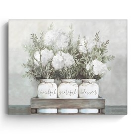 Vintage Floral Canvas Wall Art Decor - 11X14 inch White Flower Jar Framed Painting, Flower Picture on Canvas, Rustic Farmhouse Floral Still Life for Living Room or Kitchen Wall Decor