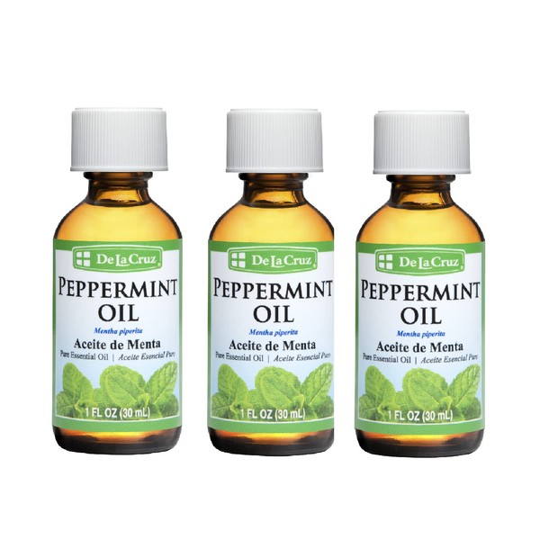 De La Cruz Peppermint Essential Oil - 100% Peppermint Oil for Aromatherapy - Steam Distilled - 1 Fl OZ (3 Bottles)