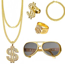 hioseyre 5 Pcs Hip Hop Costume Set,Gold Chain Fancy Dress,Party Rings,Fake Gold Bracelet,Fake Dollar Sign Necklace,Gold Digger Costume for Men And Women,Rapper Masquerade Accessories