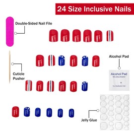 4th of July Press on Nails Short Square SWEKKE Patriotic Fake Nails False Nails with Stars Stripes Designs White Blue Red Glossy Glue on Nails Acrylic Nails for Women Girls 24Pcs
