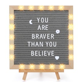 Changeable Felt Letter Board with LED Lights - 10×10" Message Custom Signs & Wood Stand & 450 Letters, Poster Board for Christmas/Pregnancy/Baby Announcement/Classroom Wall Decor Gifts, Grey
