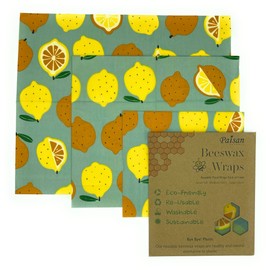 Beeswax Wraps 3 Packs - Organic Cotton - Eco Friendly Wax Sheet Wrappers - Plastic and Silicone Free - Reusable Beeswax Food Wraps in 3 Sizes (S,M,L) (Lemon Print)