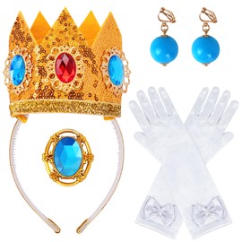 Goenb Princess Peach Costume Accessories, 4 PCS Set of Princess Peach Crown/Earrings/Gloves/Brooch Dress up for Women