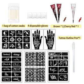 Temporary Tattoo Kit for Teens & Adults – 3 Tattoo Pastes (2 Brown+Cherry Red), 100pcs Reusable Stencils, Outline Pen, Long Lasting Waterproof Body Art, DIY Skin Painting for Festivals, Parties Makeup