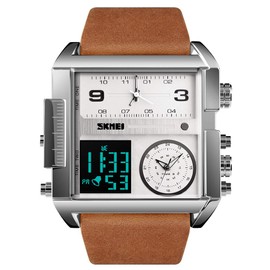 SKMEI Men's Digital Sports Watch, LED Square Large Face Analog Quartz Wrist Watch with Multi-Time Zone Waterproof Stopwatch (Silver Brown)