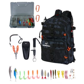 Magikeration Fishing Backpack with Tackle Box, 900D Oxford Water-Resistant Fishing Gear with Rod Holder, Gifts for Men with Lures, Pliers and Fish Lip Gripper