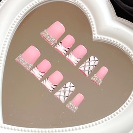 NAIL ANGEL 10PCS/SET Glamorous Handmade Press On Nails Leopard Prints Butterfly Rhinestones French Style Duck Nails Party Nails Duckbill Artifical Tips ZJ22/23/24 (ZJ-22, M)