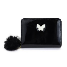 Energather Womens Wallets, PU Leather Small Wallet Credit Card Holder for Women and Girls, Cute Wallet Purse Ladies Wallets with Fur Ball Zipper for Shopping, Dating, Travel (Black)