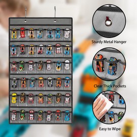 TEMUORG Toy Car Storage Organizer Hanging Toy Wheels Cars Holder Matchbox Cars Display Case with 42 Clear Pockets (One Side-Grey)
