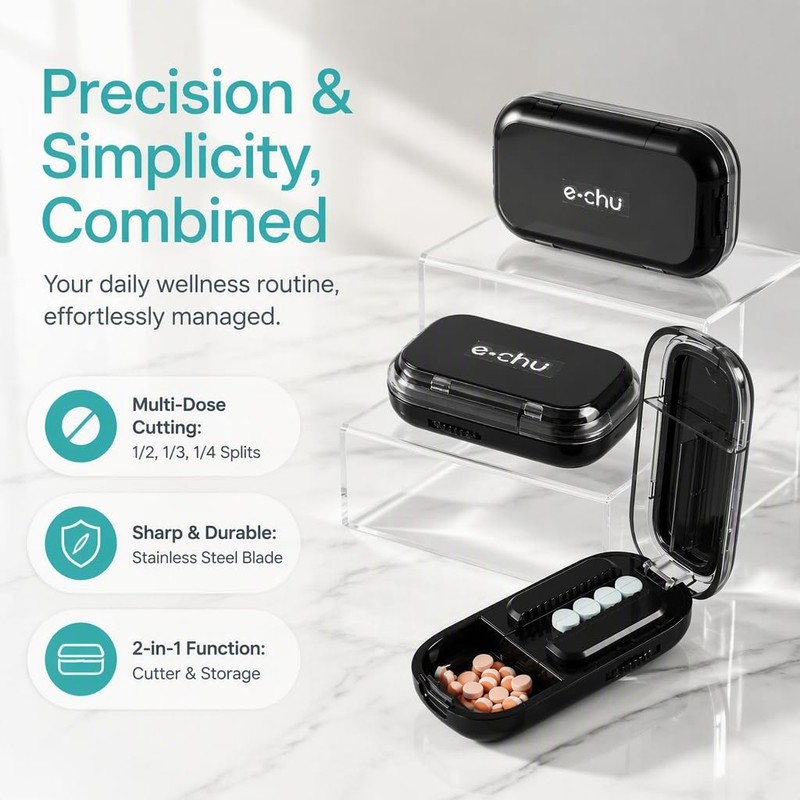 Black, Portable, Two-Part Pill Splitter, Pill Divider
