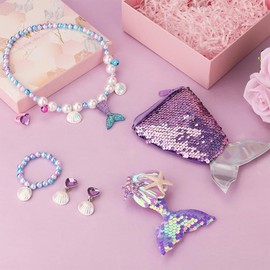 7 Piece Mermaid Jewellery Set for Girls, Mermaid Fin Girls Bag Necklaces Bracelets Rings Earrings for Children Girls Party Birthday Gift