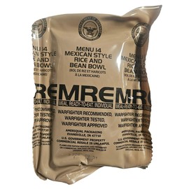 Genuine USGI Individual MRE [Meal, Ready to Eat] Inspection Date 01/2024 or Newer - You Choose Menu - Complete Ration with Entree, Snacks, Dessert, Drink Mix, Utensils, Condiments and FRH. (#14 [New] Mexican Rice and Bean Bowl)