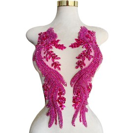 Jpumley.pksn Handmade Rhinestones lace Appliques sew on Beads Trim Patches for Dress Clothing Accessories 1Pair/Bag 5.5X20.4inches (Rose red)