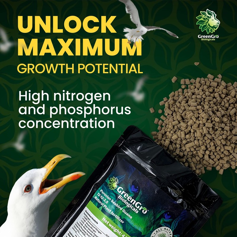 GreenGro Peruvian Seabird Guano, Organic Plant Fertilizer with Nutrients for