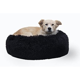 Black Dog Bed for Small Dogs Washble Calming Dog Bed for Small Dogs 23 Inch Fluffy Plush Black Dog Bed Round Donut Machine Washable Small Pet Bed.