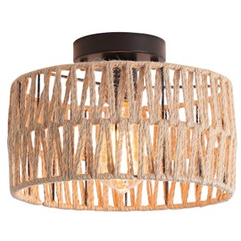 Hchunqjor Coastal Woven Flush Mount Ceiling Light Fixture Rustic Industrial Hemp Rope Semi Flush Mount Ceiling Light for Hallway Bedroom Farmhouse Kitchen Entryway Hall, Black