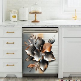 Stainless Steel Dishwasher Magnet Cover, 23' x 26' Brushed Silver Floral Magnetic Dishwasher Door Panel Decal, Reusable Appliance Cover