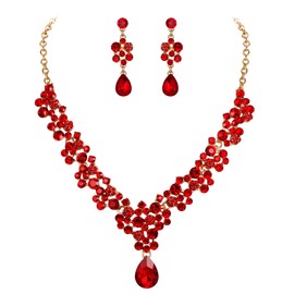 BriLove Wedding Bridal Jewellery Set Crystal Rhinestone Beaded Cluster Statement Necklace Dangle Earrings for Women Red Gold-Toned