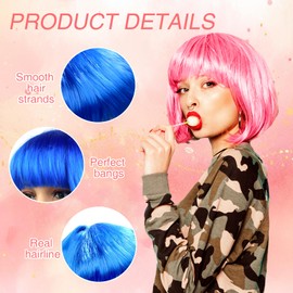 Benaewa 6 Pcs Bob Wig Set, Blue, Pink Wig with 2 Pcs Cap and 2 Pcs Sunglass for Women, Party Favors