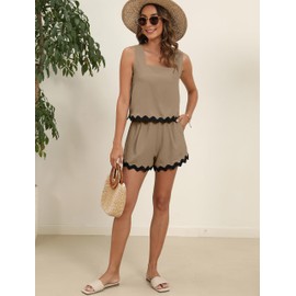 Blooming Jelly Womens Two Piece Sets Vacation Spring Outfits Beach Cruise Summer Resort Track Suit Shorts Set (S, Khaki)