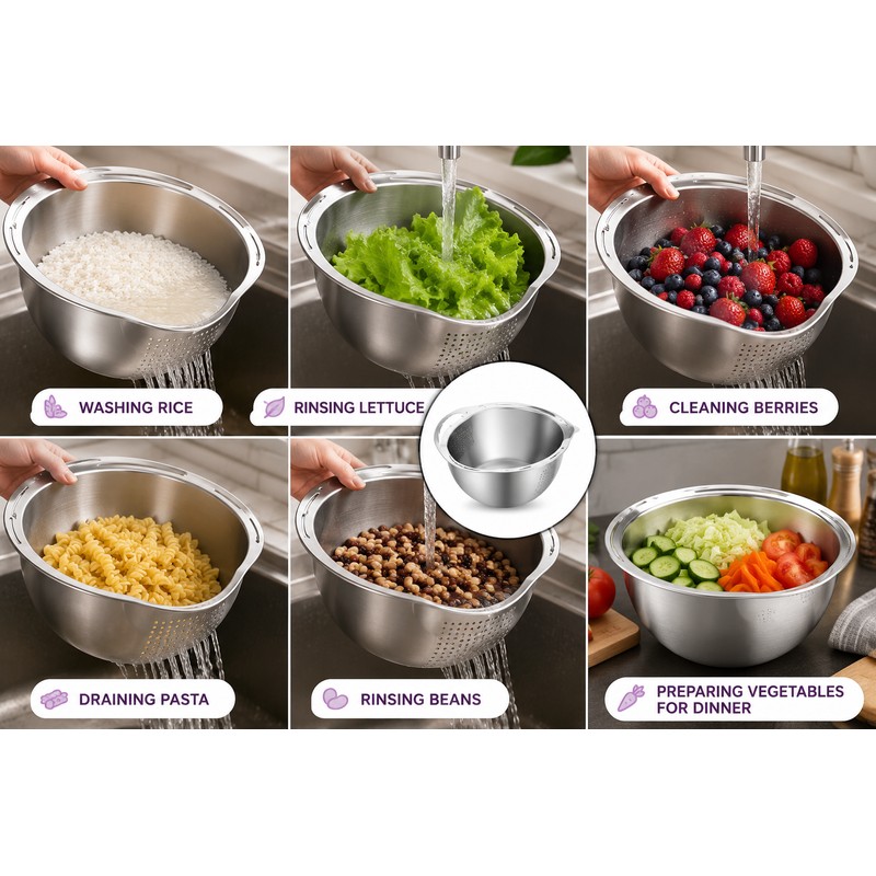 Stainless Steel Rice Washing Bowl for Kitchen Prep – 2-in-1