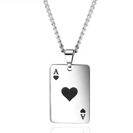 HMOOY Ace of Spades Necklace, Stainless Steel Silver Playing Poker Card Pendant Necklace Lucky Punk Rock Poker Necklace Cool Ace Pendant Necklace Hip Hop Jewelry for Men Women (Black)