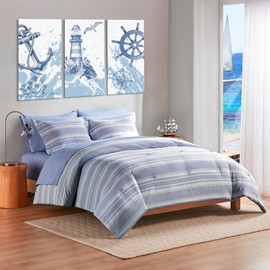 Queen Size Comforter Sets with Sheets, Modern Blue and White Striped Bed in a Bag, 7-Piece Complete Bedding Set Including Reversible Comforter, 2 Sheets, Pillowcases & Shams