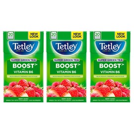 Tetley Super Green Tea Boost Strawberry & Raspberry Tea, Pack of 3, 60 Tea Bags Total