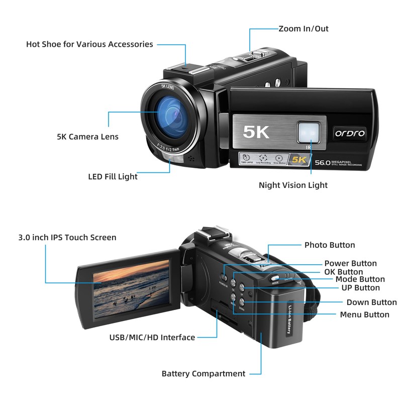 ORDRO 5K Video Camera Camcorder WiFi Night Vision Vlogging Camera