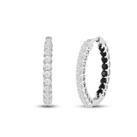 Jewelili Fine Silver Plate Hoop Earrings | Round Cut Black & White Cubic Zirconia | Hoops for Women, Sparkle Round Hoops for Ladies, Hoop Earrings, Plated silver over brass, Cubic Zirconia