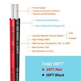 22awg Silicone Electrical Wire 2 Conductor Parallel Wire line 50ft [Black 25ft Red 25ft] 22 Gauge Soft and Flexible Hook Up Oxygen Free Strands Tinned Copper Wire