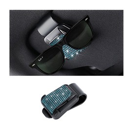 FALVFUN Bling Car Sun Visor Sunglasses Holders, Crystal Rhinestone Auto Eyeglasses Hanger Mount, Sparkly Diamond Ticket Card Clip Organizer for Women Girls, Universal for Vehicles (Blue