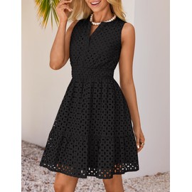 ZESICA Women's Summer Sleeveless Mini Dress V Neck Hollow Out Eyelet High Waist A Line Swing Short Party Dresses,Black,Medium