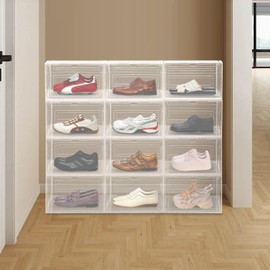 CNCEST 12pcs Shoe Containers, Stackable Shoe Boxes, Acrylic Shoe Display Cabinets, W/Magnetic Door Multifunctional Sneaker Organizer for Closets, Bedrooms, Bathrooms, Side Door Opening (Clear)