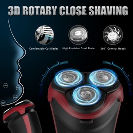 MAX-T Men's Electric Shaver - Corded and Cordless Rechargeable 3D Rotary Shaver Razor for Men with Pop-up Sideburn Trimmer Wet and Dry Painless 100-240V Red