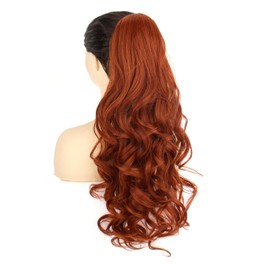 PORSMEER Ponytail with Clip, Claw Clip-In Hair Extensions, Claw Long Curly Wavy Ponytail, Jaw Clip on Hairpiece for Women, 26 Inches (Copper Red)