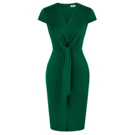 2024 Summer Work Dresses for Women Cap Sleeve Casual Business Dresses V-Neck Simply Elegant Midi Dresses for Church Tea Party Dark Green M