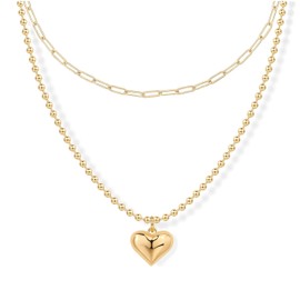 Voaino 14K Gold Plated Dainty Necklace for Women - Layered Stackable Heart Disc Pendant Paperclip Chain Choker Necklace, Minimalist Jewelry Gift for Her (Heart Peandent)