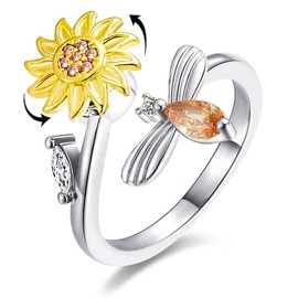 Flowers Fidgets Spinner Rings for Women Rotatable Cubic Zirconia Adjustable Open Rings Relieving Anxiety Stress Boredom Calming Worry Meditation Rings,Spinner Fidget Ring (Sunflower)